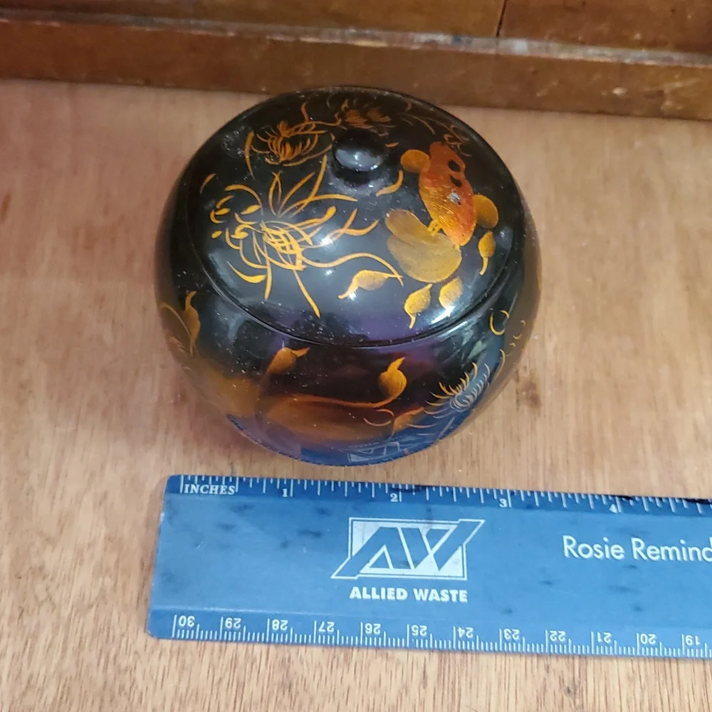 Black Lacquer Ware Wood Hand Painted Koi Fish Round Trinket/Jewelry Lidded Box
